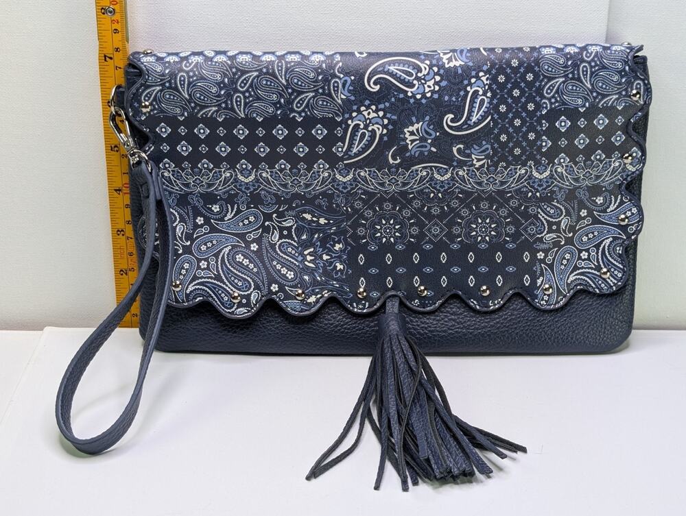 Cato Navy Blue Paisley Bandana Clutch Wristlet Purse Tassel Scalloped Studded